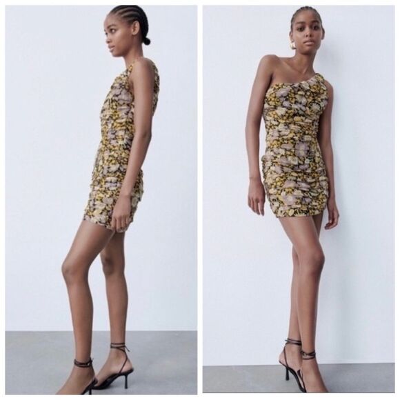 Zara one Shoulder Ruched Sides Metallic & Floral Chiffon Mini Cocktail Dress - Picture 5 of 9
